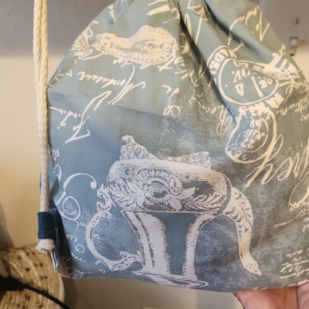 Elegant Blue Script Drawstring Backpack - image 2